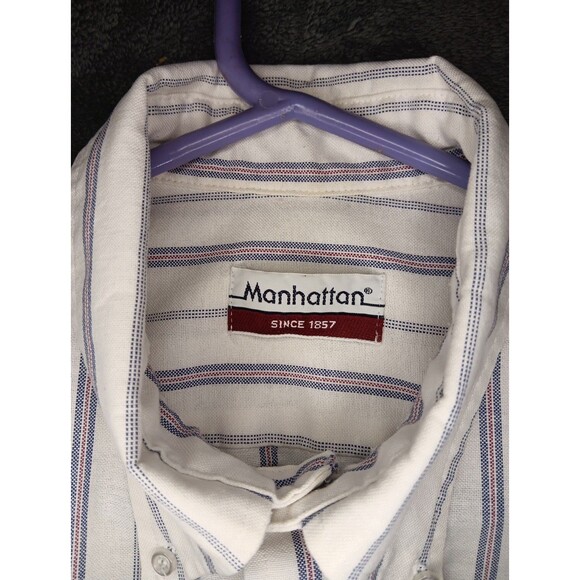 Men's Manhattan Medium Button Down Short Sleeve Shirt Striped - Picture 3 of 4